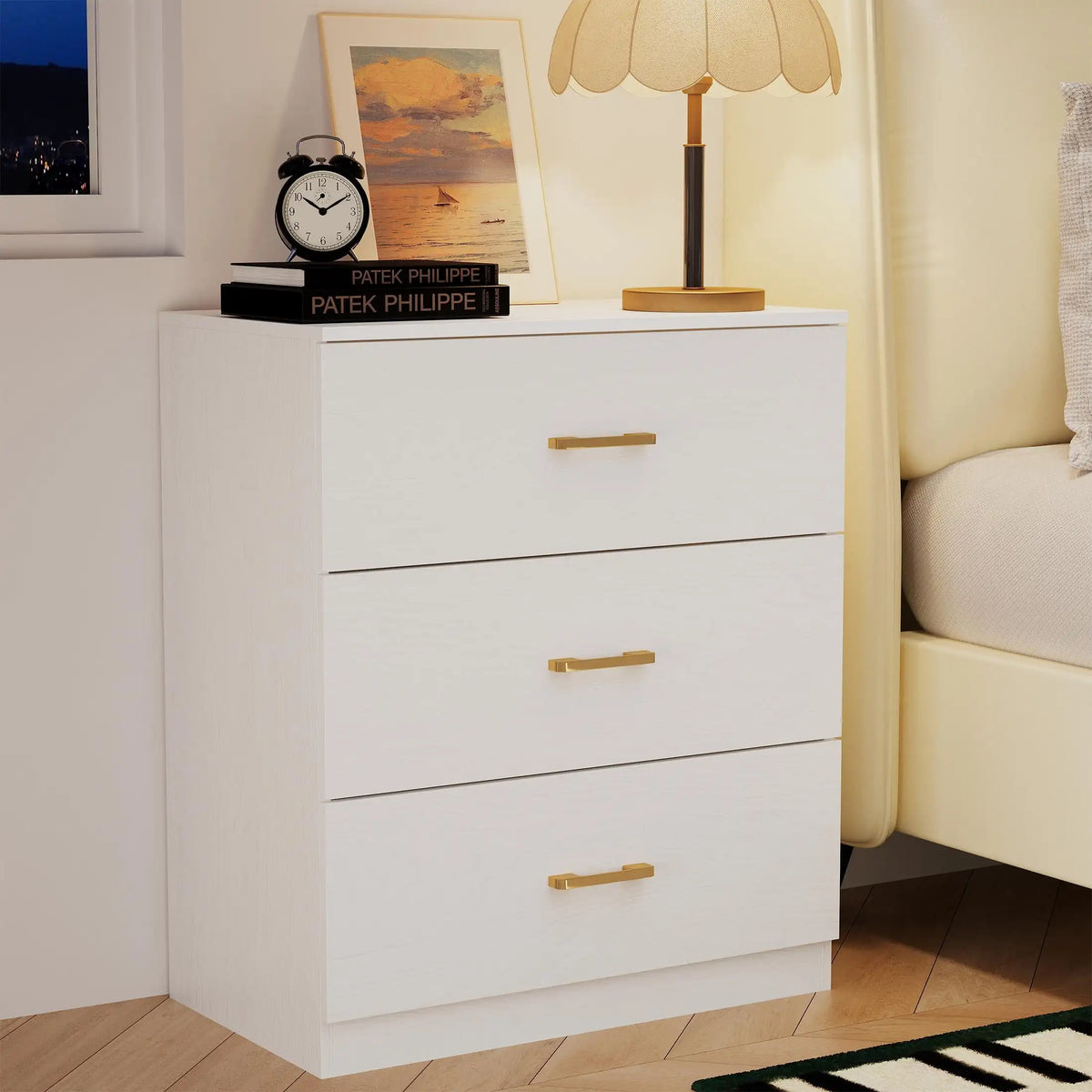 66cm Modern 3-Drawer Nightstand Wooden Bedside Storage Cabinet White
