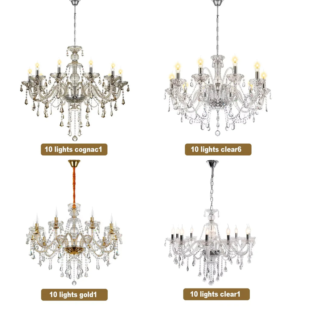 10-Light Clear Cognac Crystal Chandelier Ceiling Light Gold