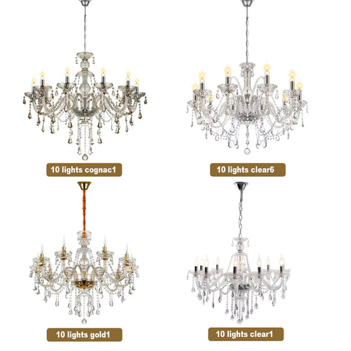 10-Light Clear Cognac Crystal Chandelier Ceiling Light Gold