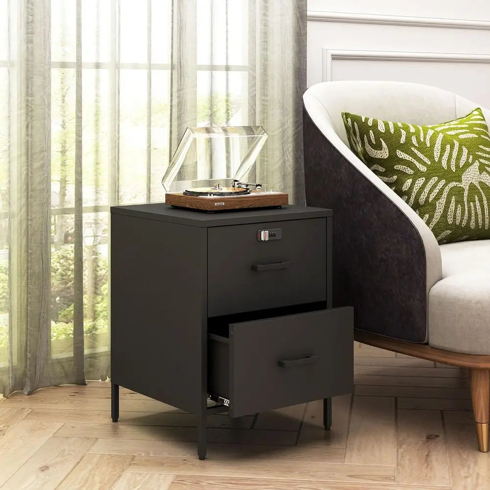 54cm Lockable Metal Nightstand with Storage Bedside Table End Table Black