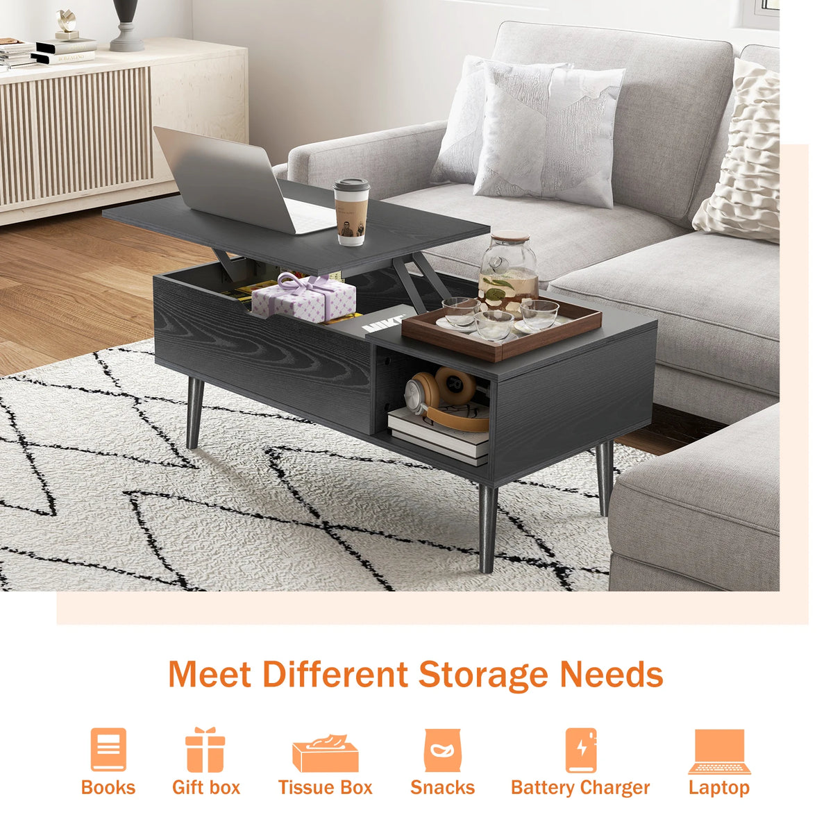 100 x 50 cm Wood Lift Top Coffee Table with Adjustable Storage Shelf