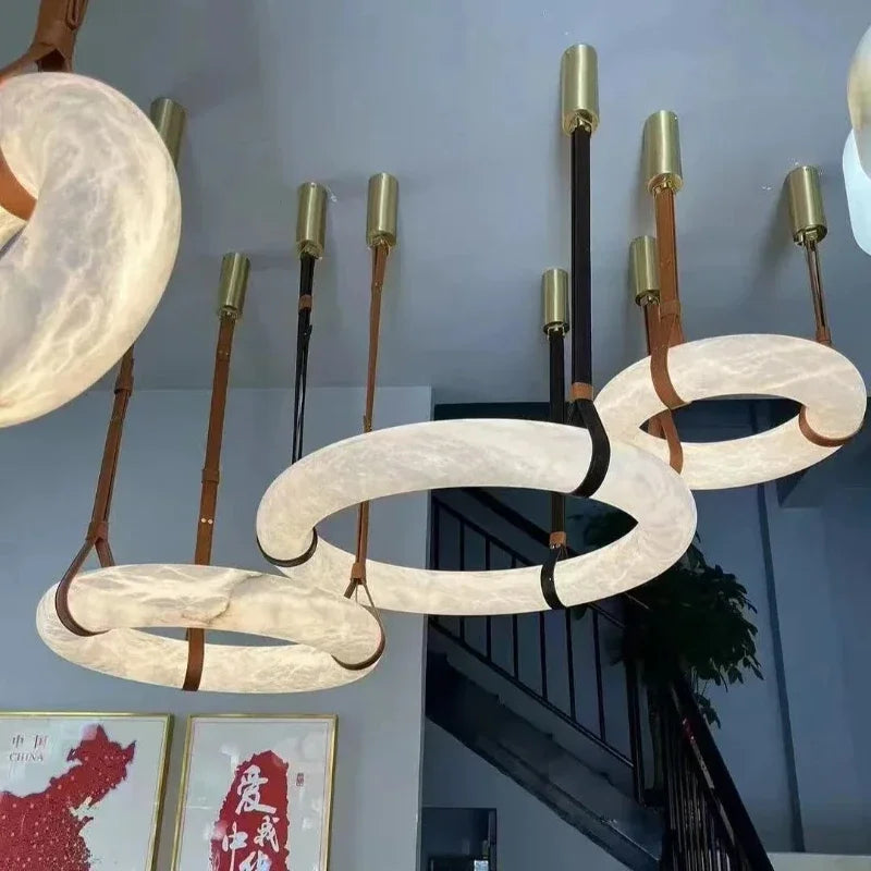 Modern Imitation Marble Resin LED Pendant Light Circular Ring Dining Room Living