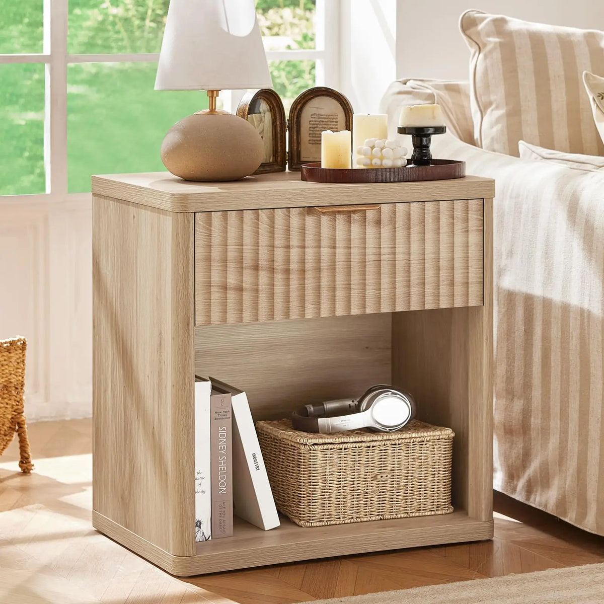 58cm Fluted Farmhouse Nightstand with Drawer Charging Station End Table