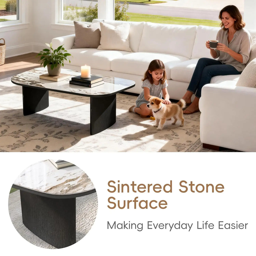 Luxury Marble Coffee Table with Sintered Stone Top and Wood-Look Base