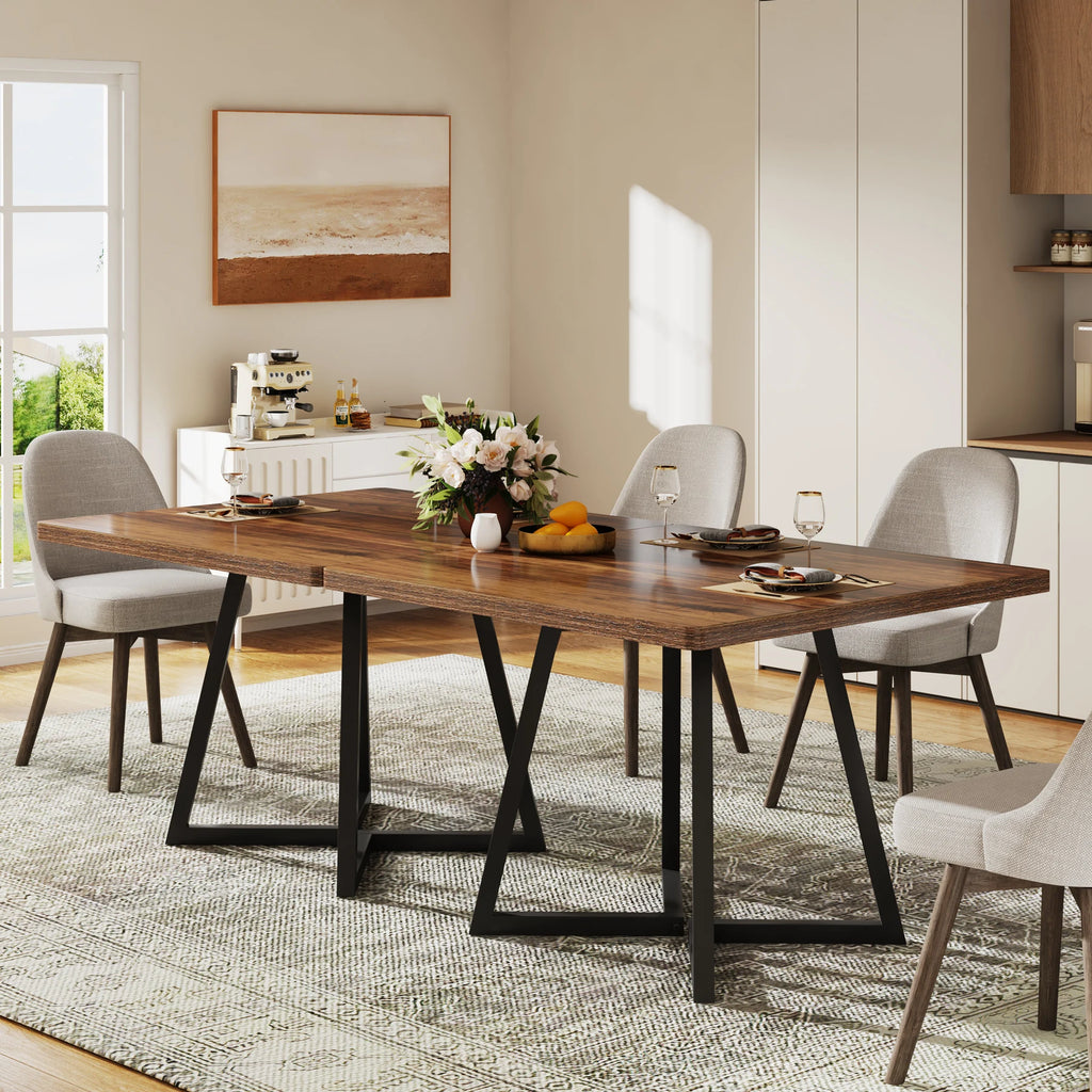 Square Industrial Dining Table with Wooden Top and Metal Base