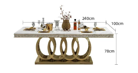 160cm Modern Dining Table Set with 6 Chairs Gold Metal Base Marble Top