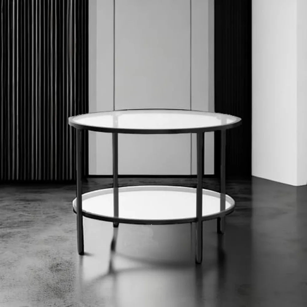 65cm Modern Round Glass Coffee Table 2-Tier Living Room Storage Table Black
