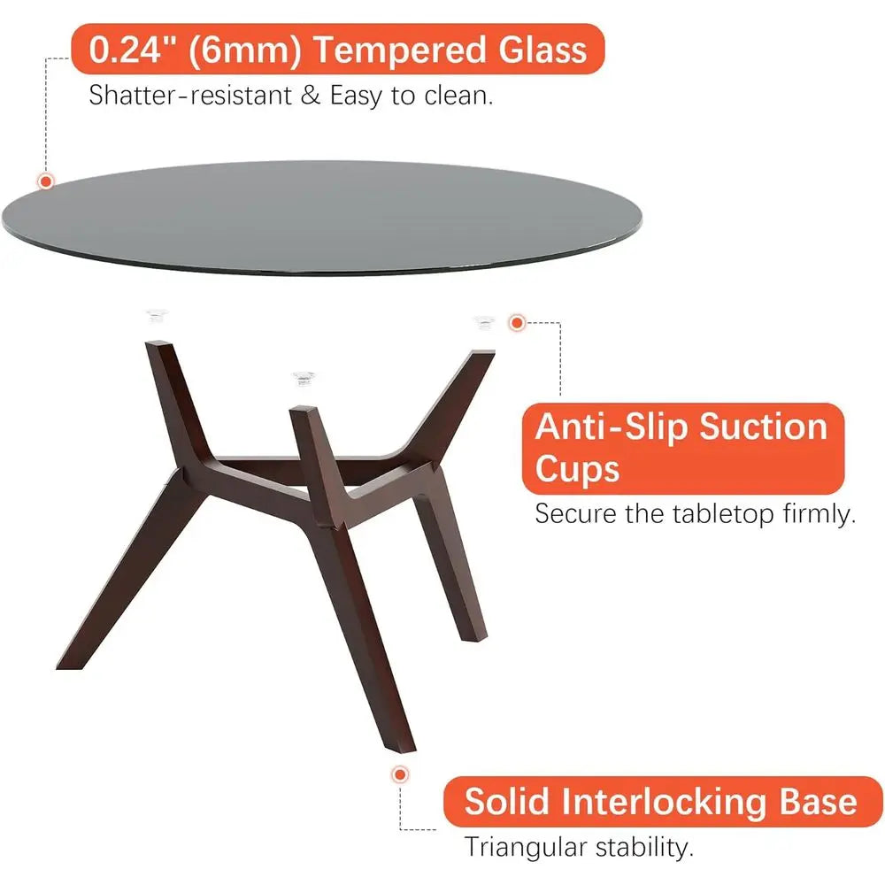 80cm Modern Round Clear Tempered Glass Coffee Table Walnut Wood Base