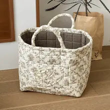 Vintage Floral Quilted Storage Basket With Handle for Home Decor