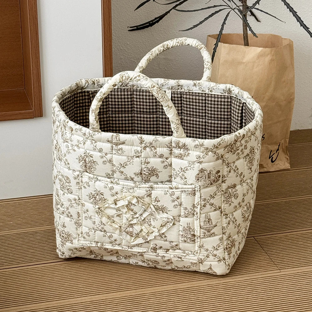 Vintage Floral Quilted Storage Basket With Handle for Home Decor