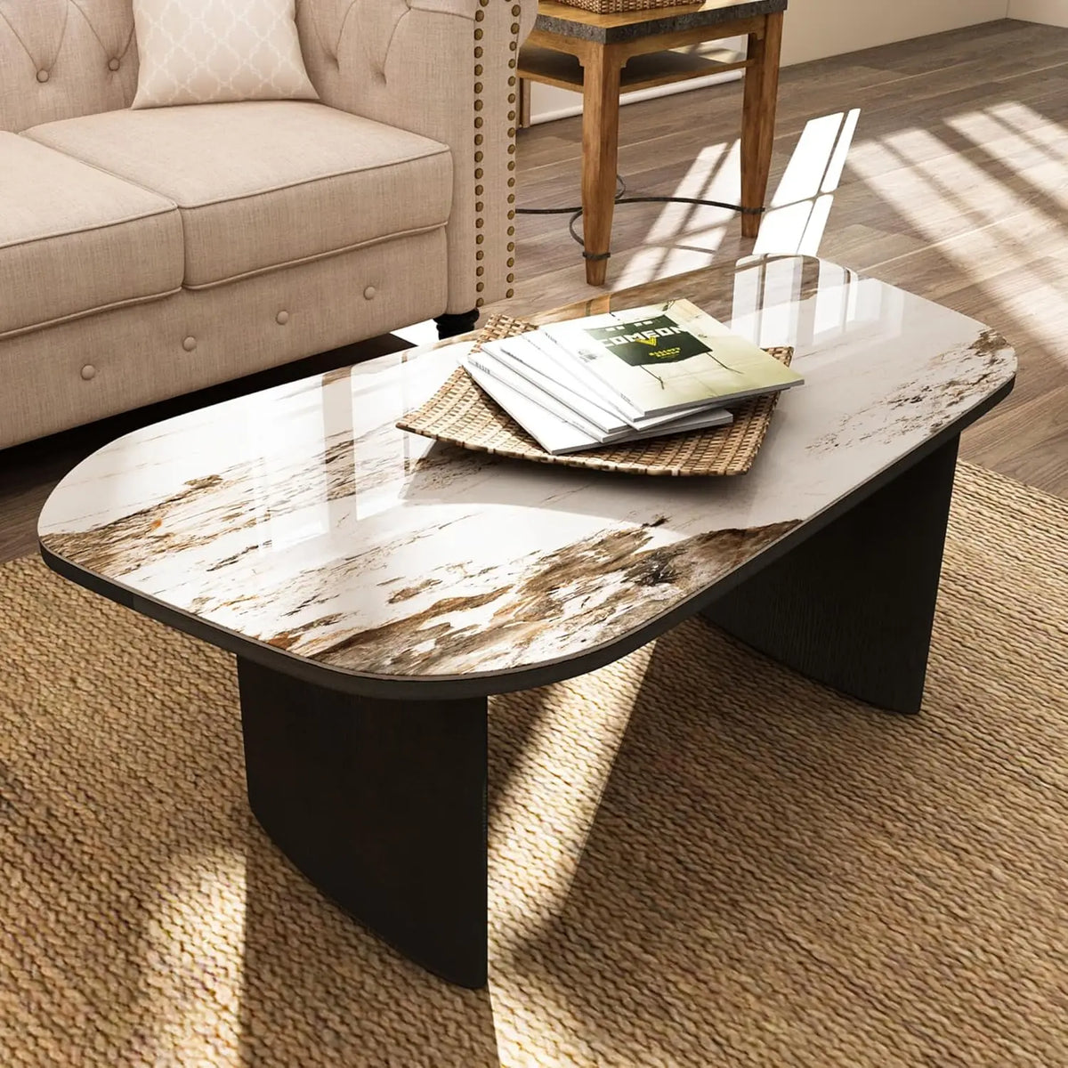 Luxury Marble Coffee Table with Sintered Stone Top and Wood-Look Base
