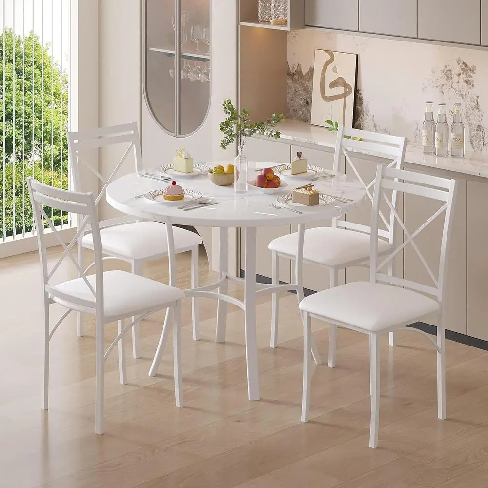 36" Round Marble Dining Table for 4 with Metal Frame White