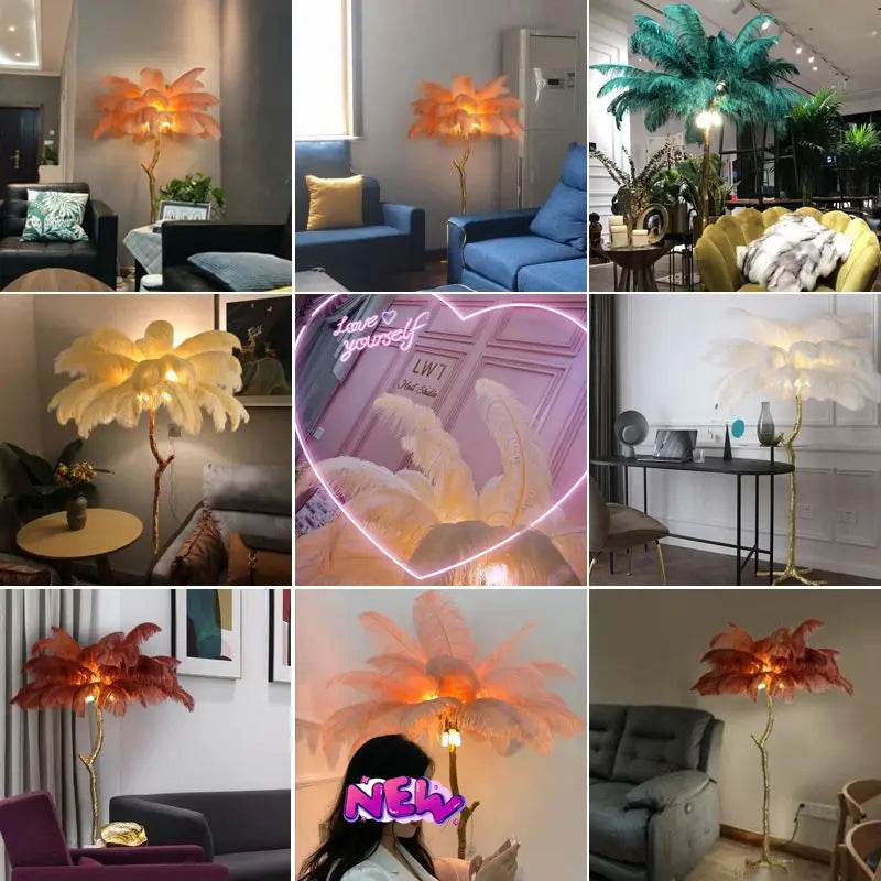 Modern Ostrich Feather LED Floor Lamp Resin Base Living Room Bedroom