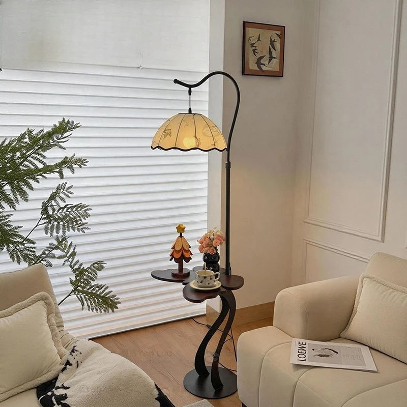 Mid Century Fabric Shade LED Shelf Floor Lamp Living Room