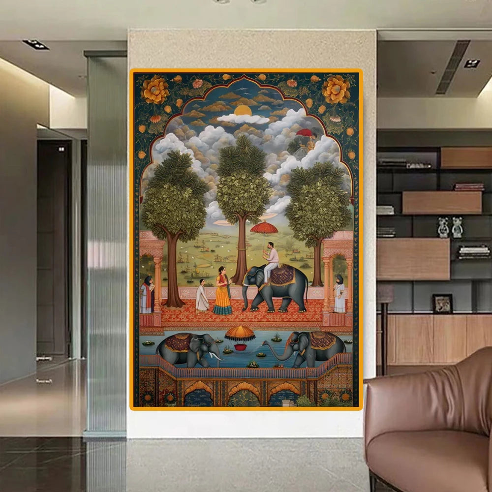 Vintage Indian Mughal Elephant Scene Canvas Painting Poster for Home Decor