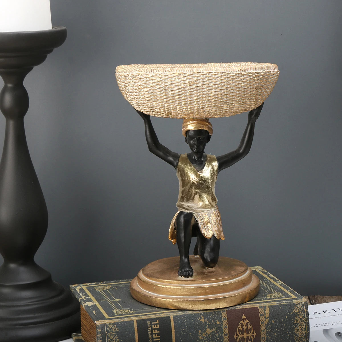 African Man Statue Resin Storage Basket Tray for Home Decor