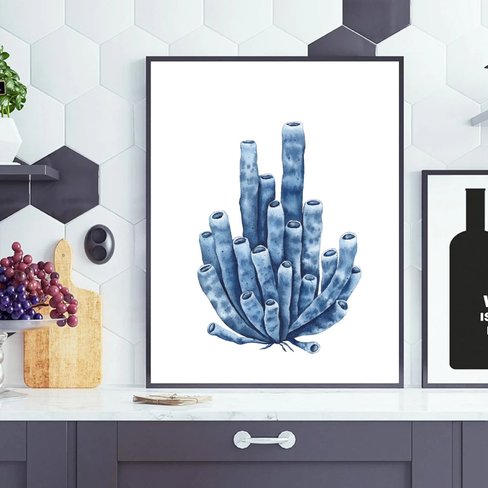 Coastal Blue Coral Watercolor Canvas Painting Poster for Home Decor
