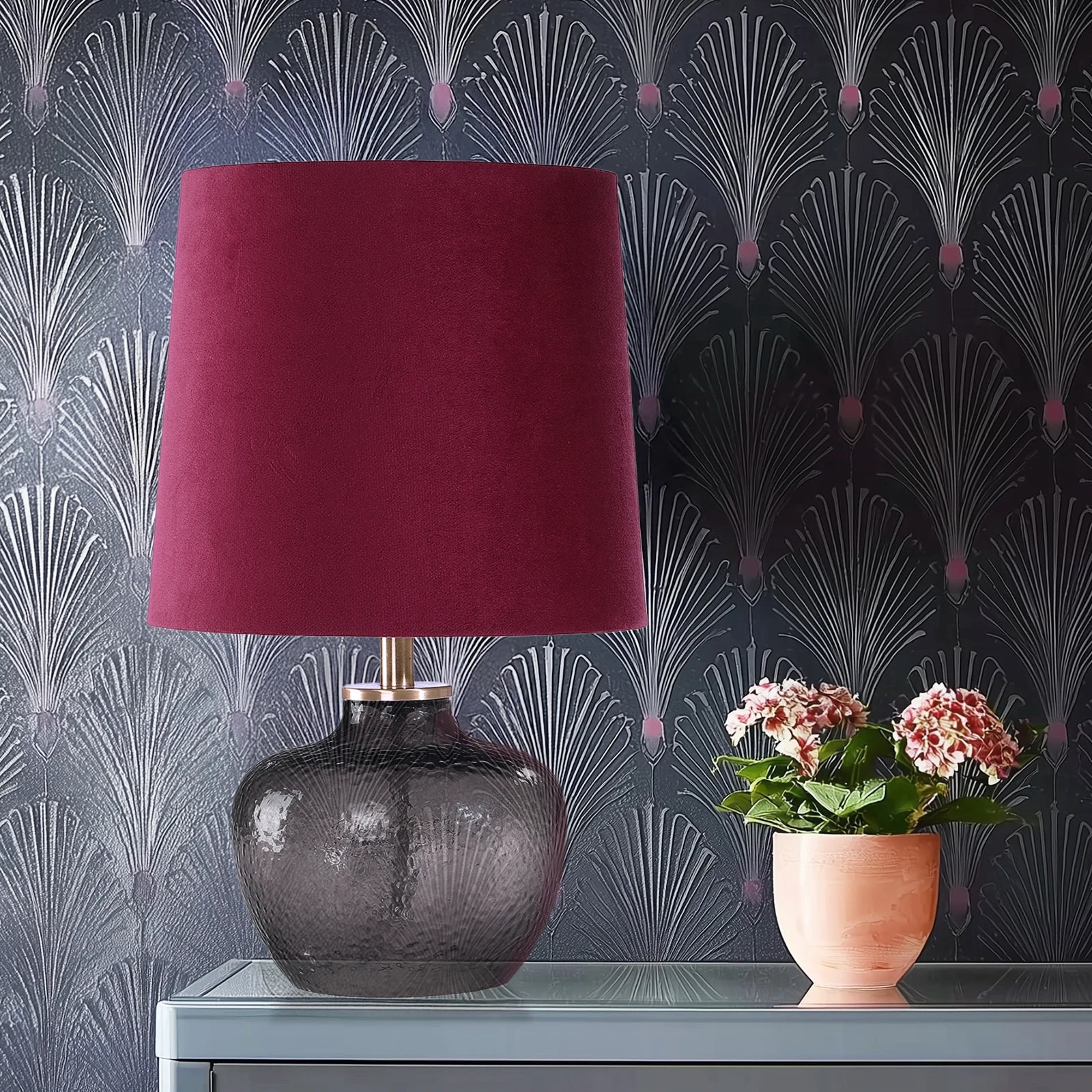 Modern Minimalist 15-Inch Glass Table Lamp Smoky Gray Velvet Red Shade