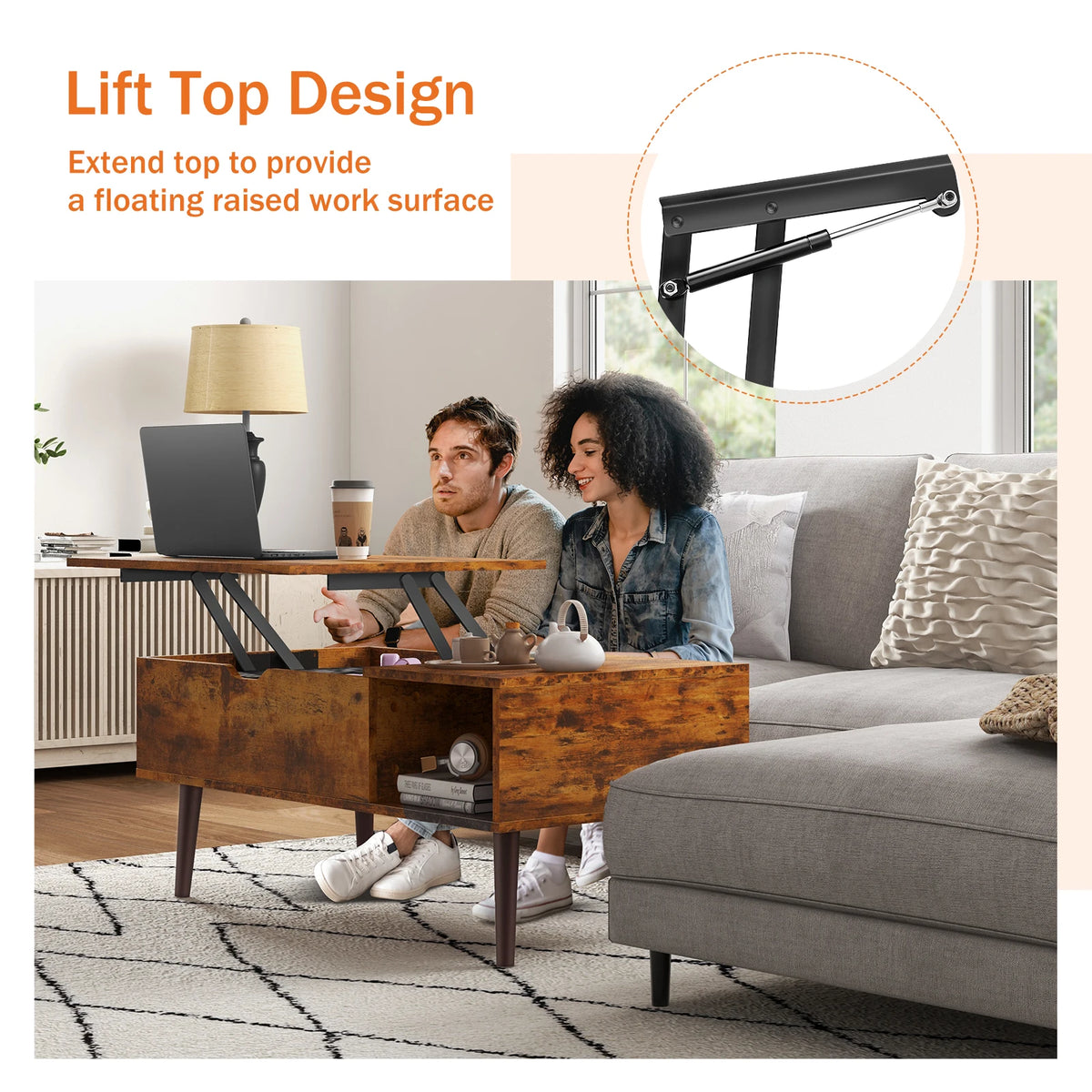 100 x 50 cm Wood Lift Top Coffee Table with Adjustable Storage Shelf