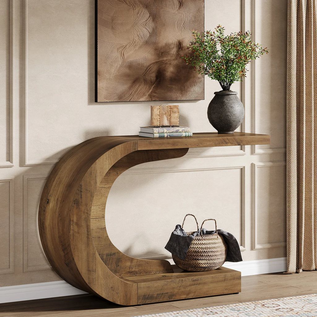 Modern 110 cm C-Shaped Console Table Entryway Sofa Table Behind Couch Living Room Hallway Brown