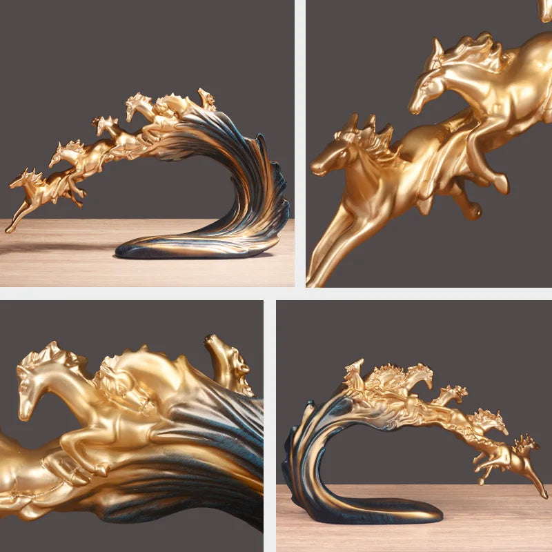 Modern Luxury Running Horses Resin Statue Tabletop Ornament for Home Decor