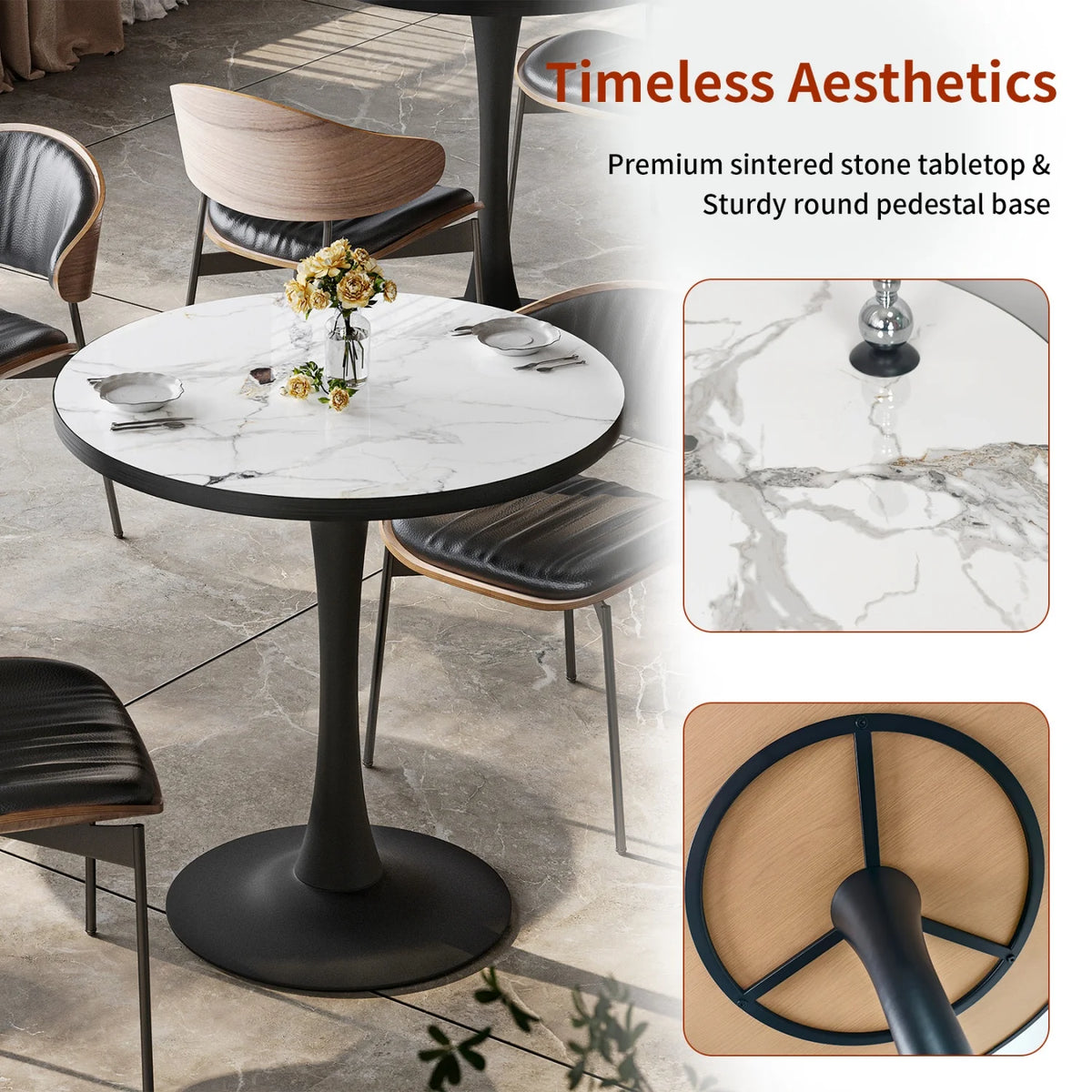 77cm Round Dining Table for 2-3 People Sintered Stone Top Stable Base Coffee Table Circle Kitchen Tables Chairs Not Included