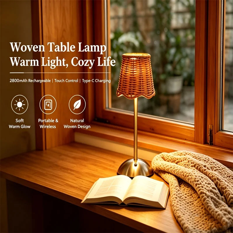 Bohemian Woven Rattan Art Table Lamp Touch Control USB Dimmable