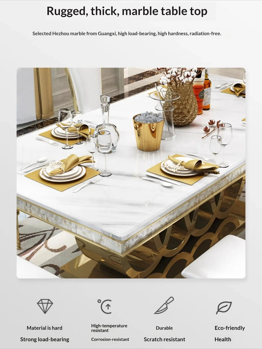 160cm Modern Dining Table Set with 6 Chairs Gold Metal Base Marble Top
