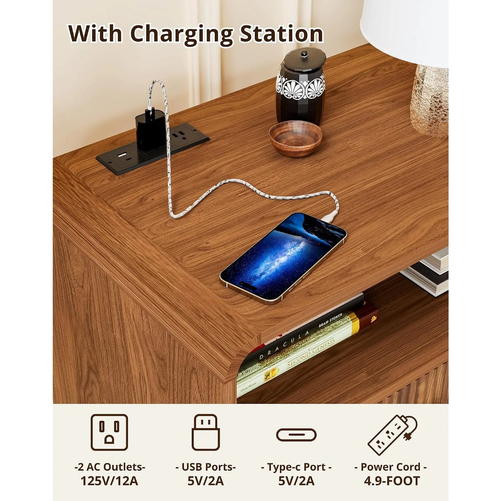 Modern Wooden Nightstand with 2 Drawers Charging Station Bedside Table Walnut