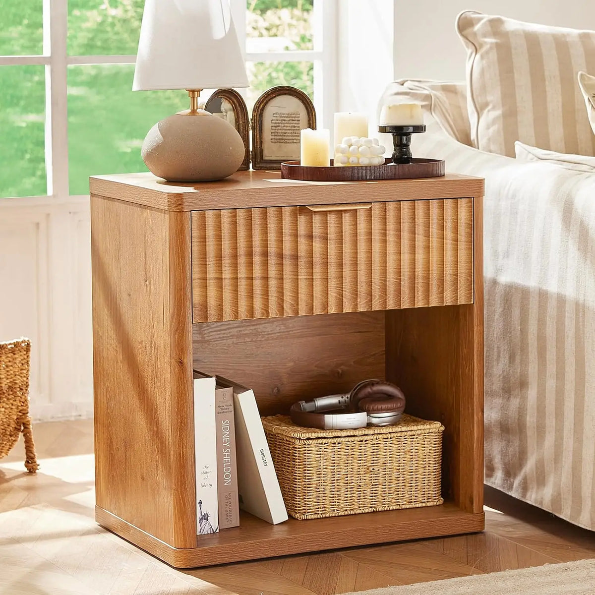 58cm Fluted Farmhouse Nightstand with Drawer Charging Station End Table