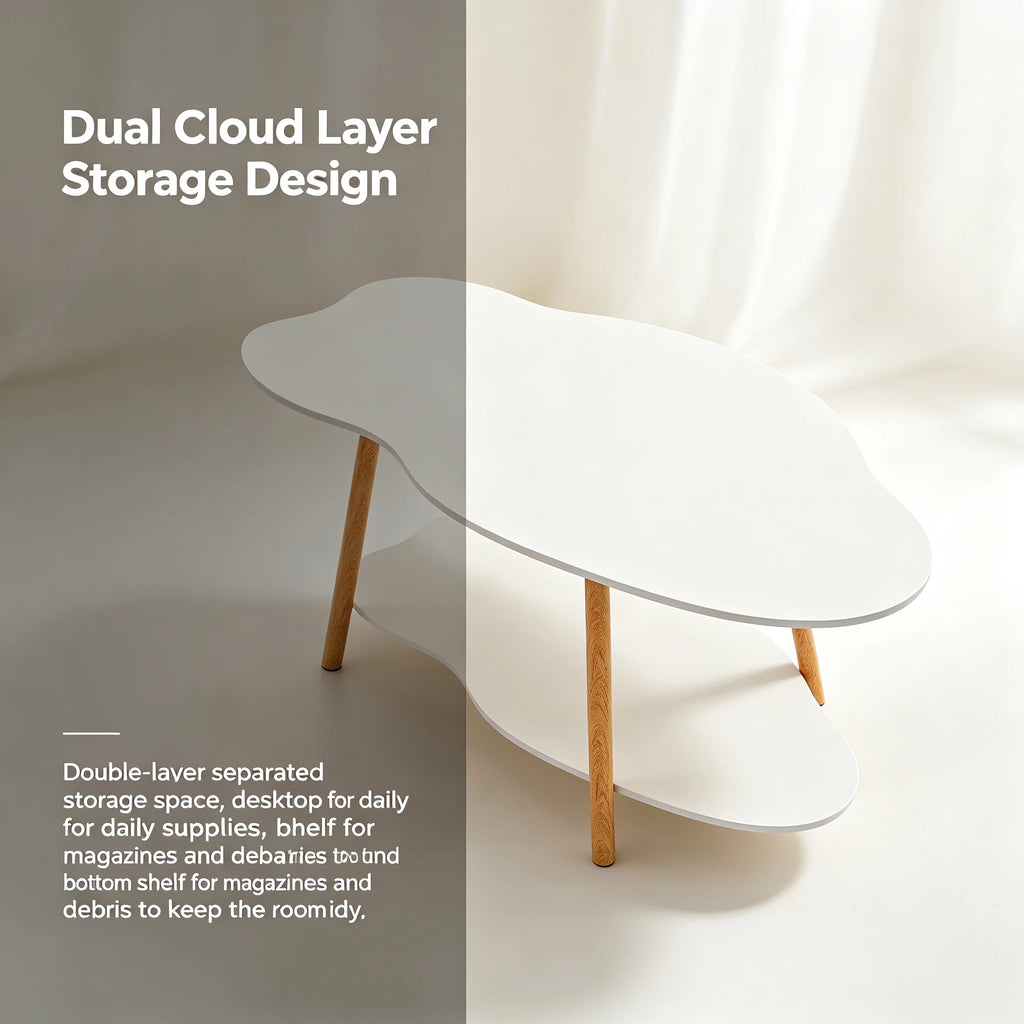 2-Tier Modern Cloud-Shaped Coffee Table with Bottom Shelf White