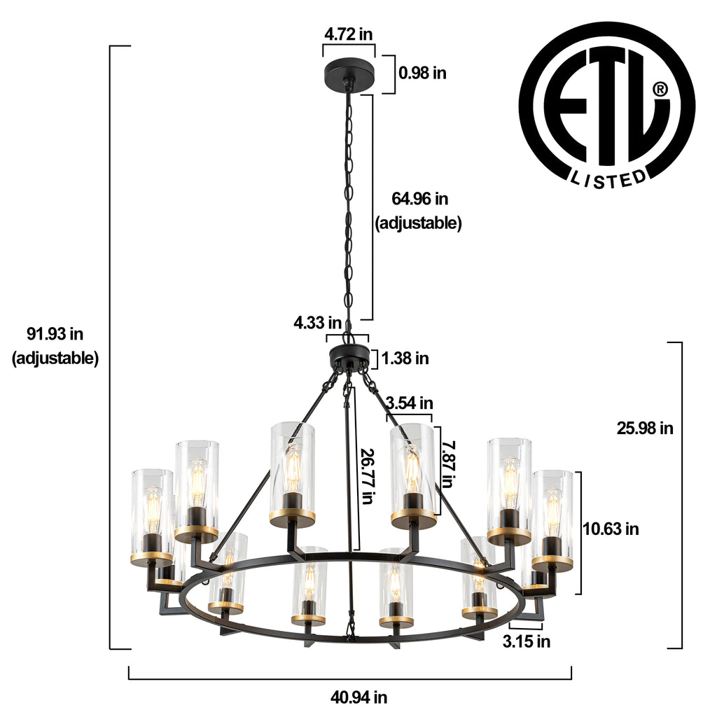 12-Light High Translucent Large Glass Chandelier Rustic Black for Living Room Foyer Entryway