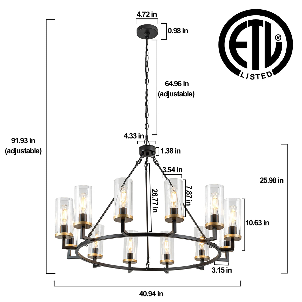 12-Light High Translucent Large Glass Chandelier Rustic Black for Living Room Foyer Entryway