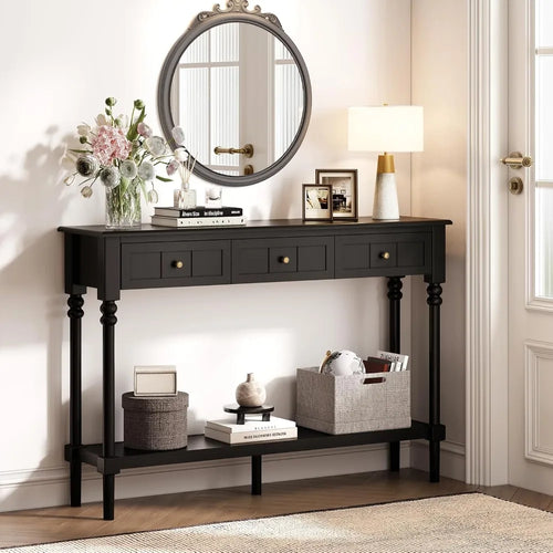 43-Inch Narrow Console Table with Drawers and Shelf Solid Wood Legs Entryway Behind Couch Furniture