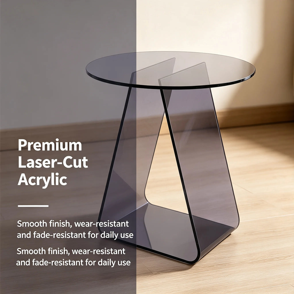Black Acrylic Round Side Table with Triangular Support Frame for Living Room
