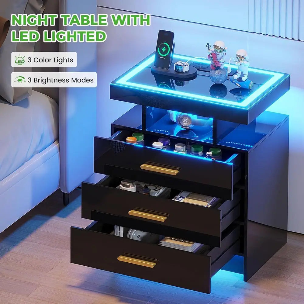 Modern Nightstand Set of 2 with 3 Drawers Charging Station High Gloss