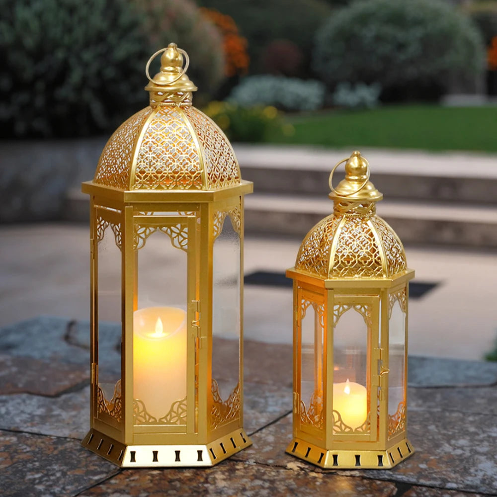Vintage Gold Metal Candle Lantern Tabletop Ornament for Home Decor