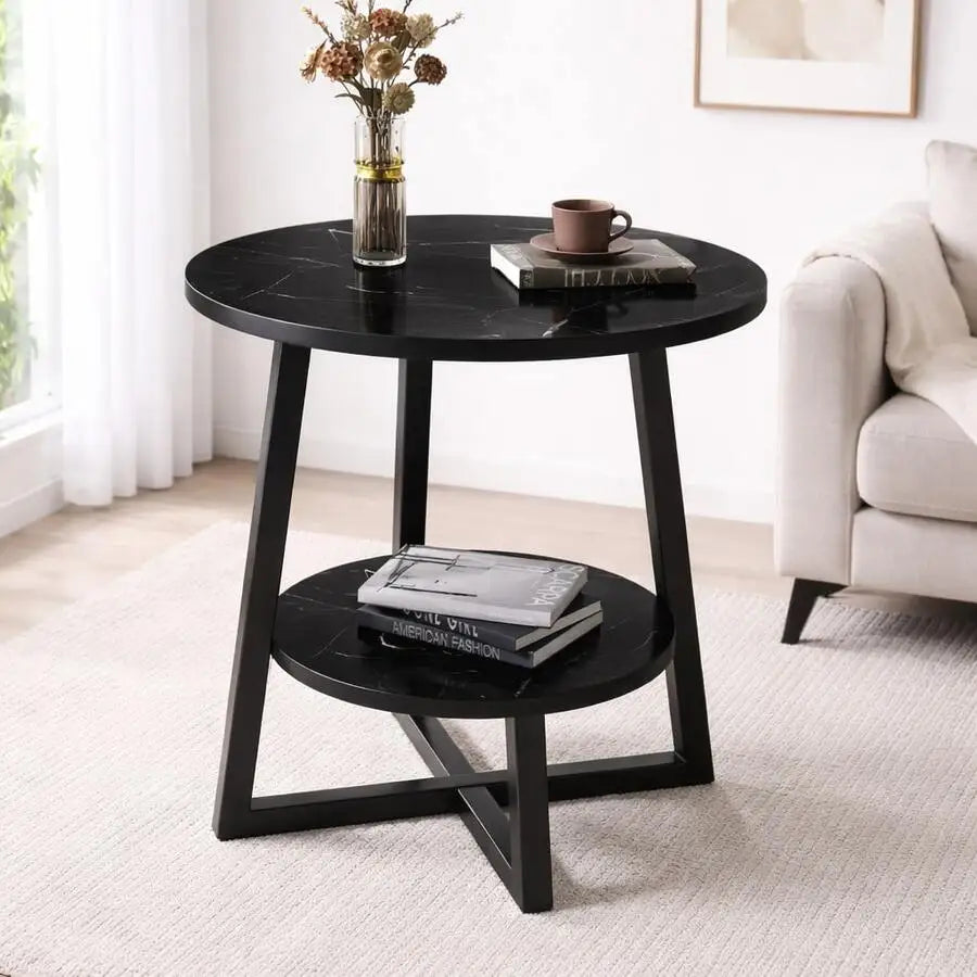 56cm Modern 2-Tier Round Side Table with Metal Frame