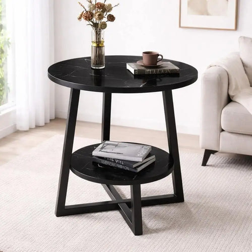 56cm Modern 2-Tier Round Side Table with Metal Frame