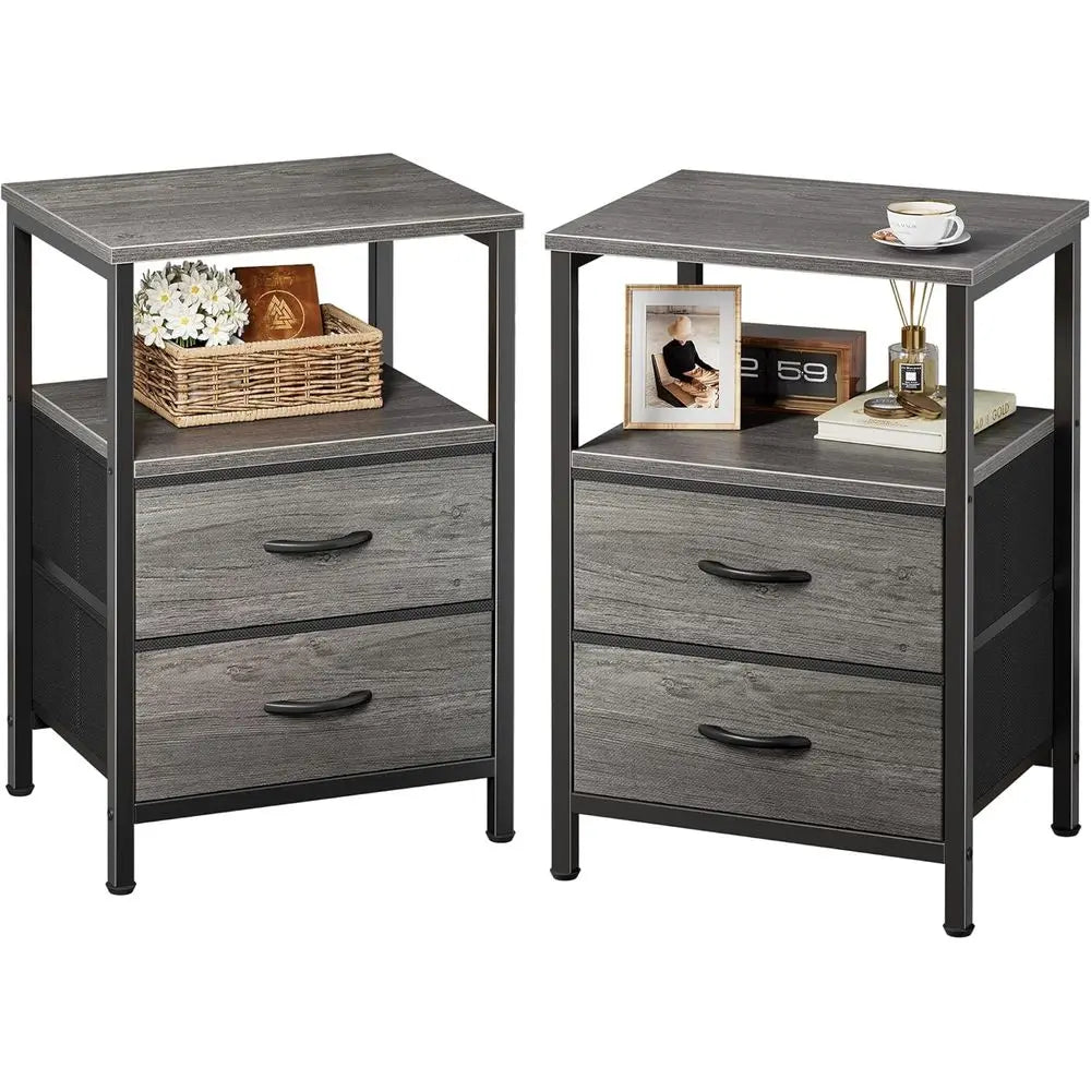 60cm Modern Nightstand Set of 2 Wood Bedside Tables Fabric Drawers