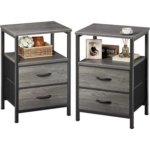 60cm Modern Nightstand Set of 2 Wood Bedside Tables Fabric Drawers