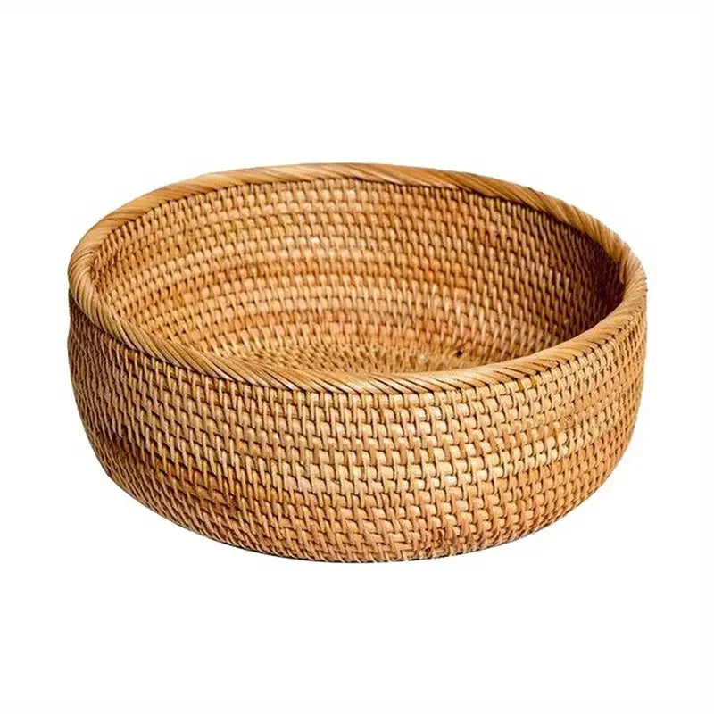 Round Hand-Woven Rattan Storage Basket Natural Wicker Desktop Organizer Box