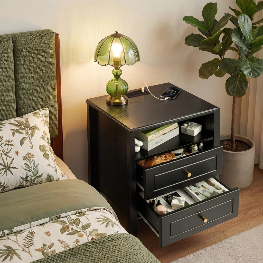 Modern Nightstand with Charging Station 2 Drawers and Open Shelf Bedside Table
