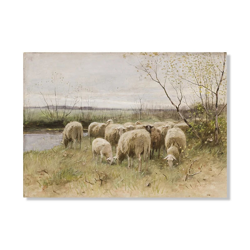 Vintage Sheep Landscape Canvas Painting Poster for Home Decor