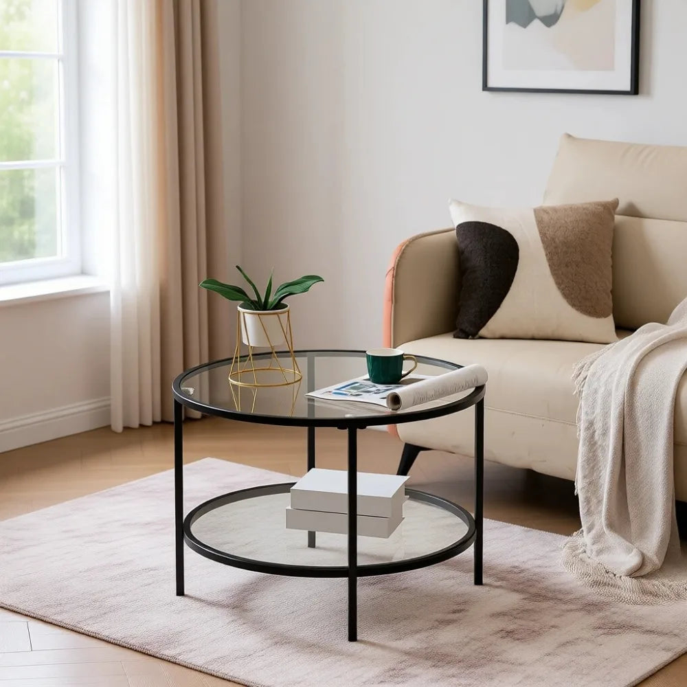 65cm Modern Round Glass Coffee Table 2-Tier Living Room Storage Table Black