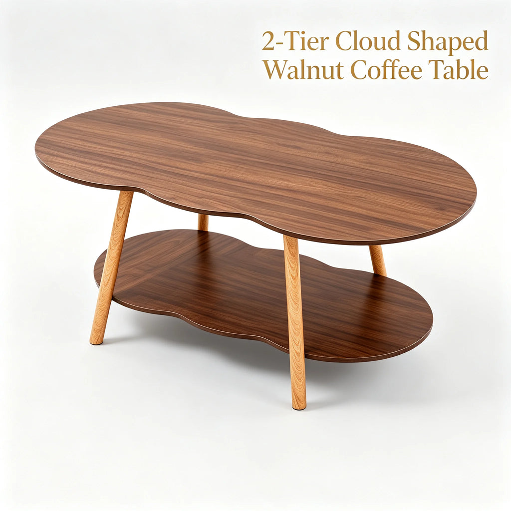 2-Tier Modern Coffee Table with Cloud-Shaped Tabletop and Bottom Shelf, 30 kg Capacity, Sturdy Density Board for Living Room Office, Black Walnut