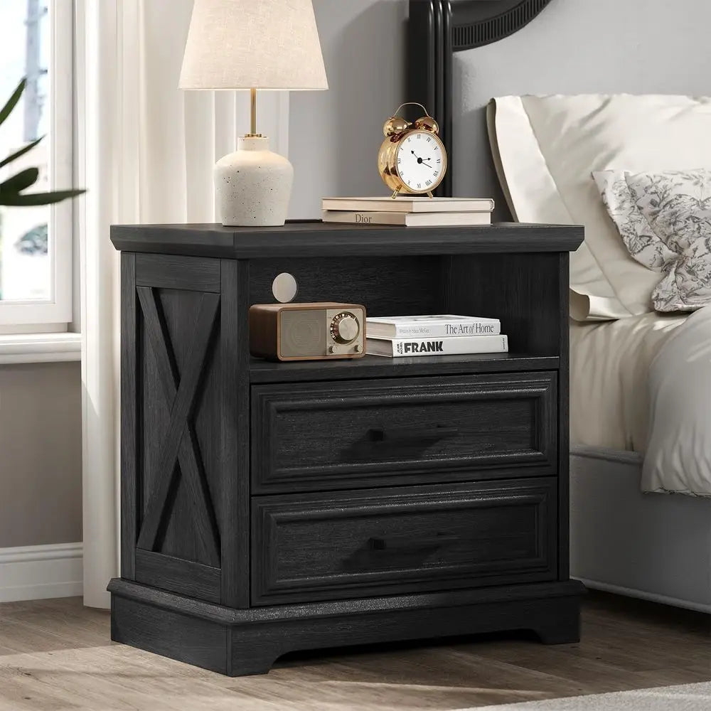 60cm Modern 2-Drawer Nightstand Wooden Bedside Table with Charging Station Gray
