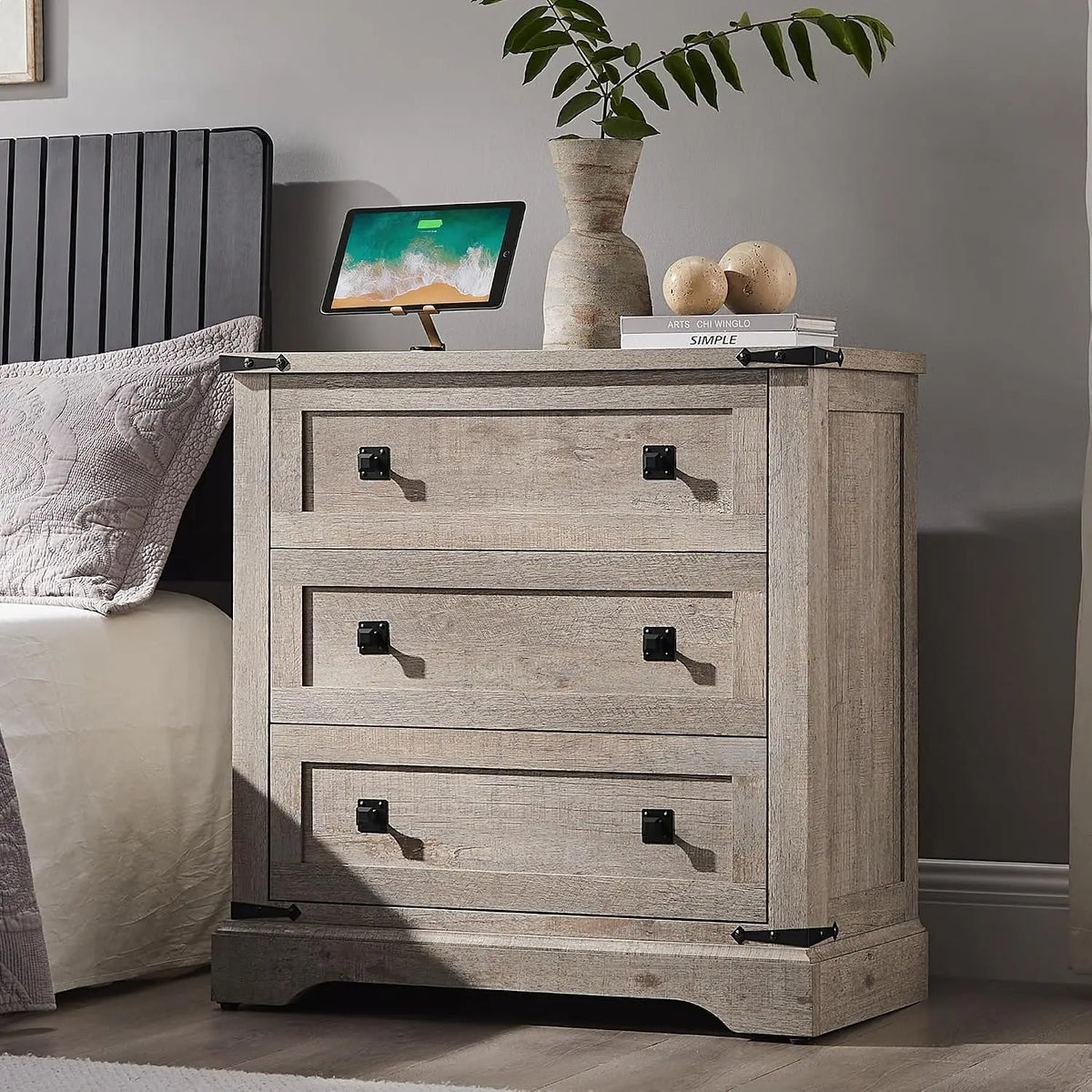 81cm Farmhouse Wooden Nightstand with 3 Drawers Charging Station Bedside Table