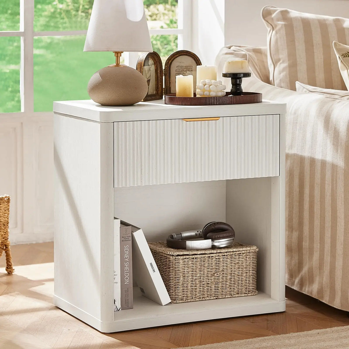 58cm Fluted Farmhouse Nightstand with Drawer Charging Station End Table