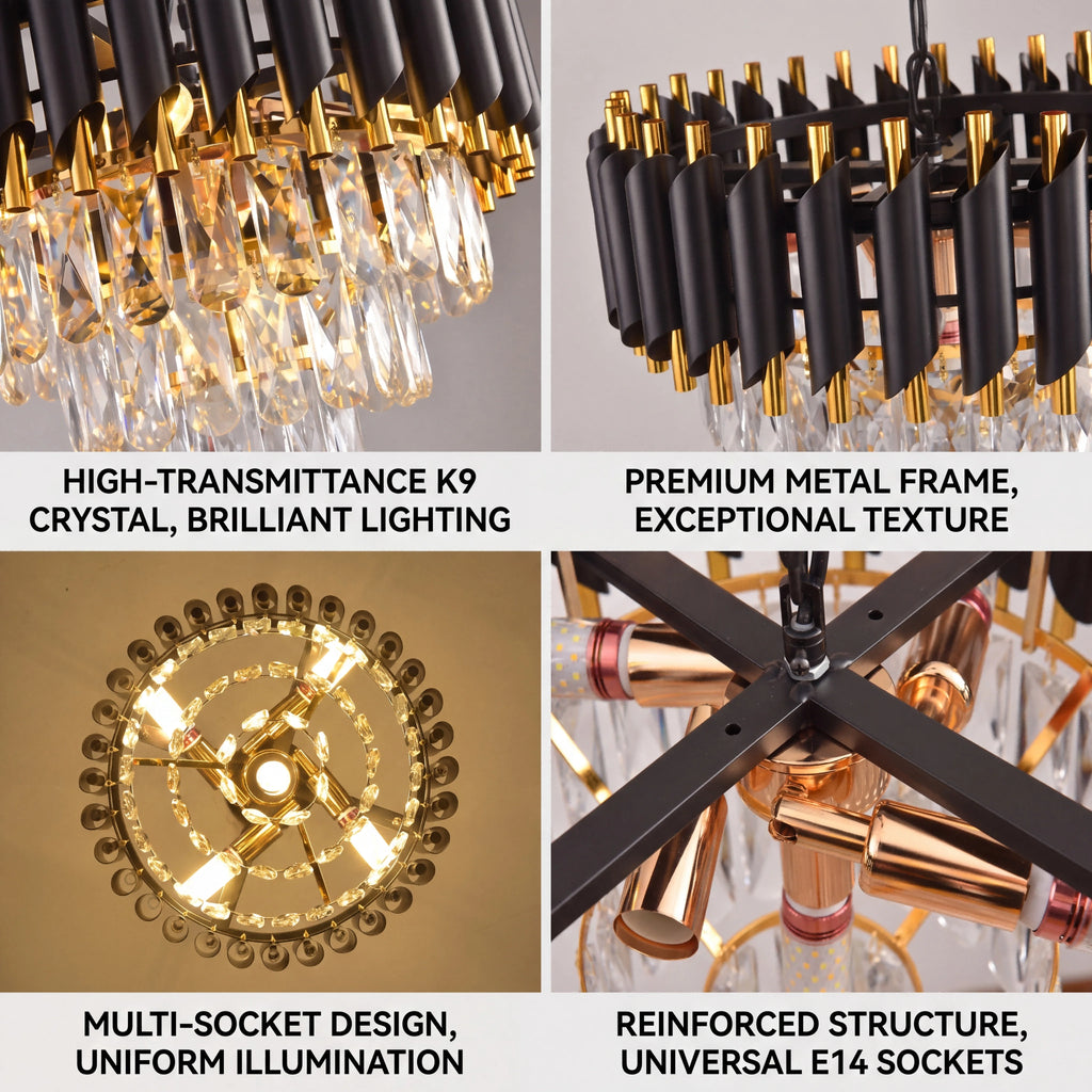 Modern Black and Gold Crystal Chandelier Hanging Ceiling Light Fixture